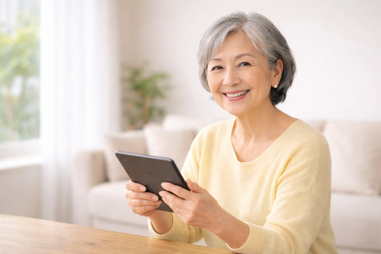 タブレットで英会話を学ぶシニア女性（明るい室内）