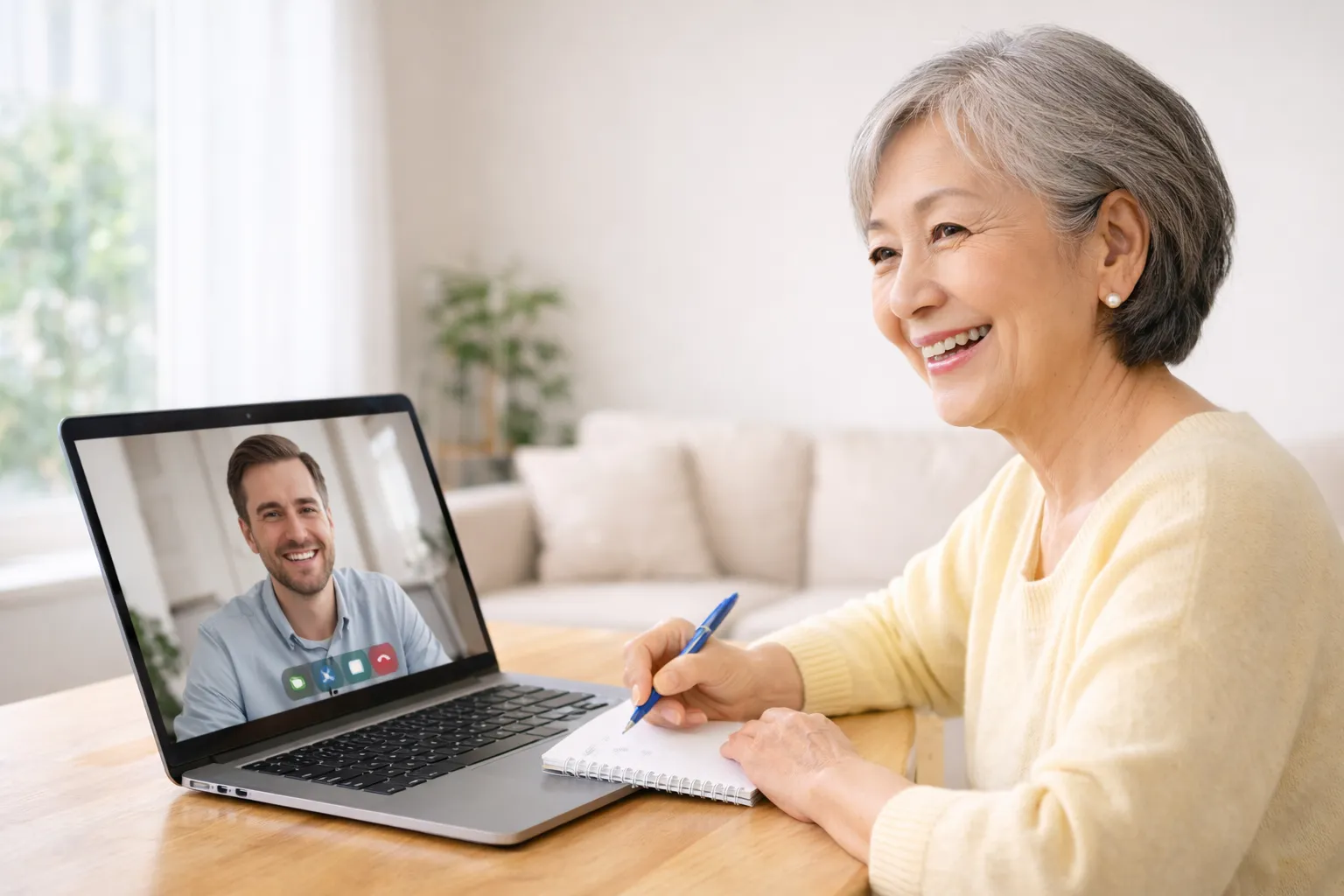 オンライン英会話（Zoom）で講師と話すシニア受講者